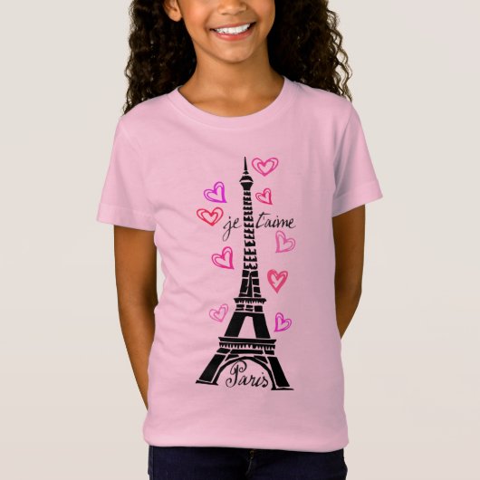 T-Shirt PARIS JE T'AIME EIFFEL ET COEURS ROSES (Devant)