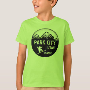 T-shirt Park City Utah green snowboard art boys tee