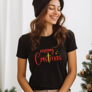T-shirt Parties scintillant rouge or Joyeux Noël Croix chr