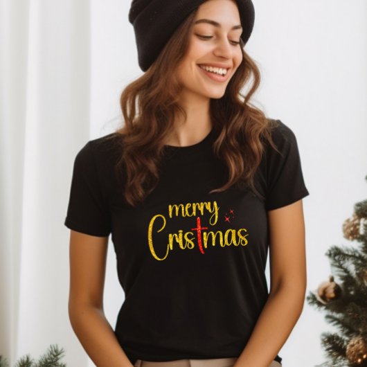 T-shirt Parties scintillant rouge or Joyeux Noël Croix chr