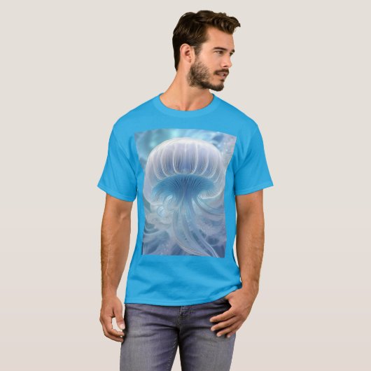 T-shirt Pastel Blue Jellyfish Fractal Art Under the Sea, (Devant entier)