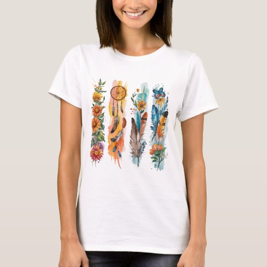 T-SHIRT PASTEL BOHO FEATHERS AND YELLOW SUNFLOWERS (Devant)