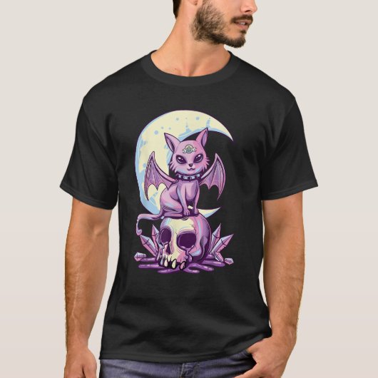 T-shirt Pastel Goth Wiccan Cat Cute Creepy Witchy Cat and (Devant)