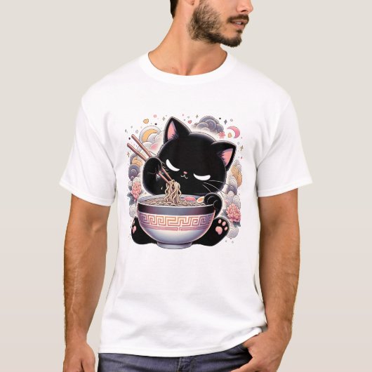 T-shirt Pastel Kawaii Chat Déplaisant Manger Ramen nouille (Devant)