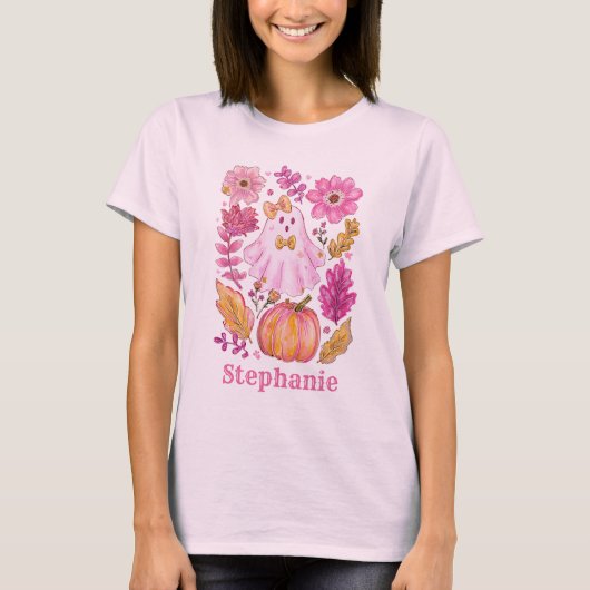 T-shirt Pastel Pink Halloween Ghost with Custom Name (Devant)