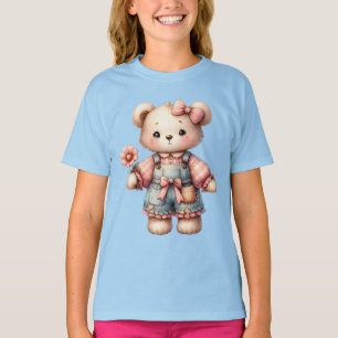 T-shirt Pastel Teddy Bear Holding Flower Wear Overalls