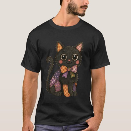 T-shirt Patchwork Chat Noir Automne Saison Cosy Patch Mign (Devant)