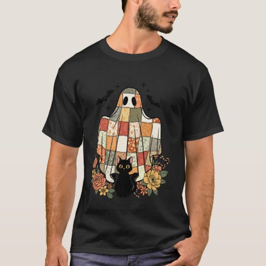 T-shirt Patchwork d'Halloween Fantôme Chat Noir Fleur Mign (Devant)