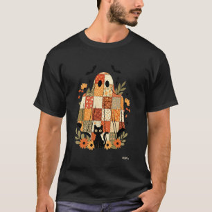 T-shirt Patchwork d'Halloween Fantôme Chat Noir Floral Aut