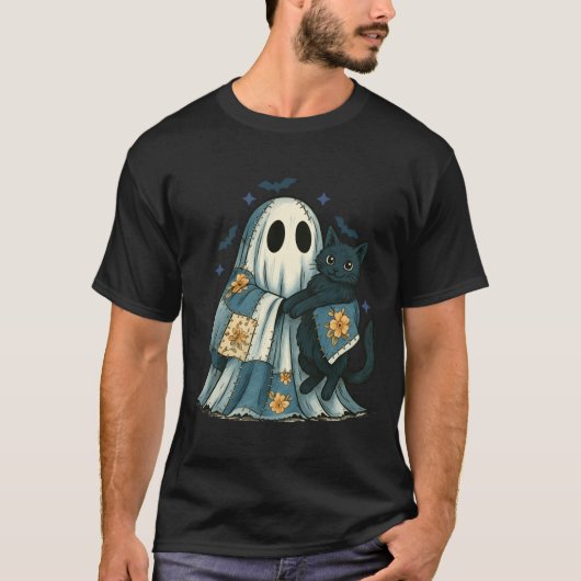T-shirt Patchwork Fantôme Quilting Halloween Chat Noir (Devant)