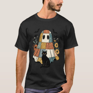 T-shirt Patchwork Halloween Fantôme Chat Noir Fleurs Chauv