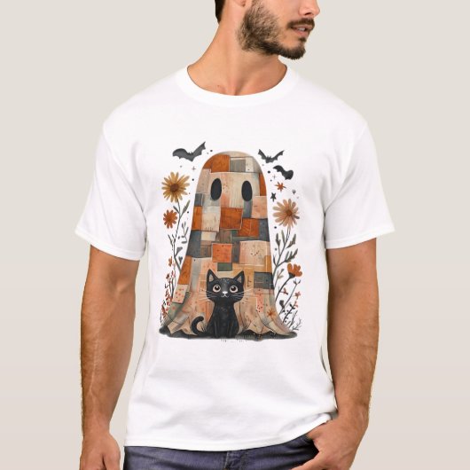 T-shirt Patchwork Halloween Fantôme et Chat, Rétro Épouvan (Devant)