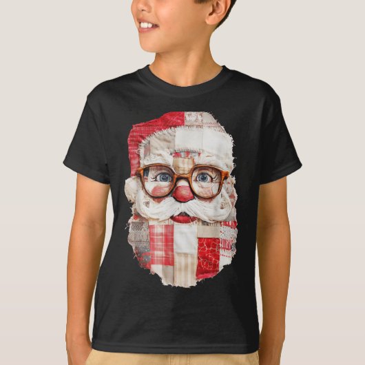 T-shirt Patchwork Santa Claus Face Preppy Girly Christmas  (Devant)