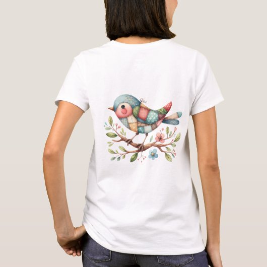 T-shirt Patchwork Songbird on Blooming Branch (Dos)