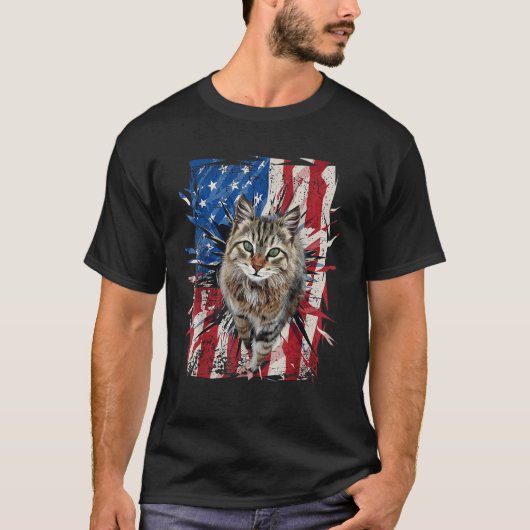 T-shirt Patriotic Brown Cat Torn American Flag 4th Of July (Devant)