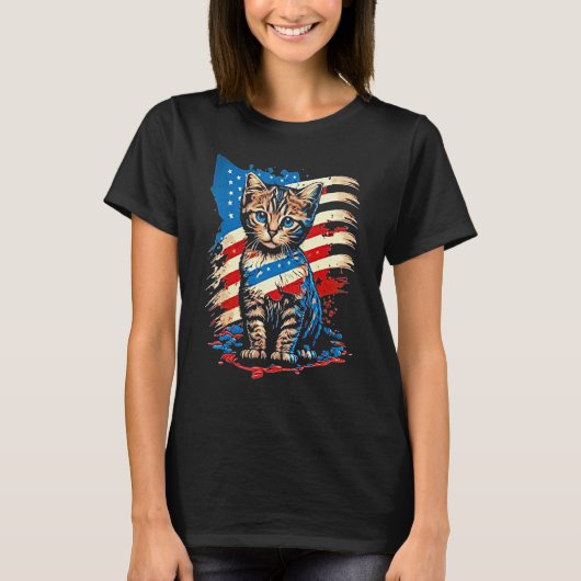 T-shirt Patriotic Cat USA Flag For Man Woman (Devant)