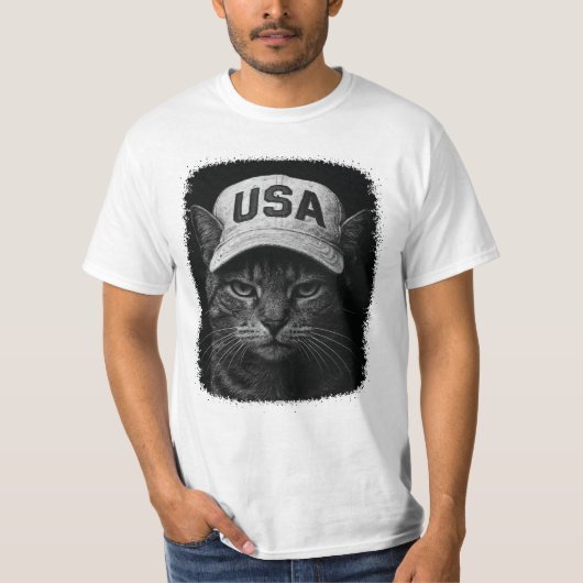 T-shirt Patriotic Grumpy Cat – USA Hat Black & White (Devant)