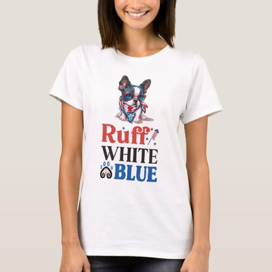 T-shirt Patriotique Boston Terrier Ruff Blanc & Bleu (Devant)