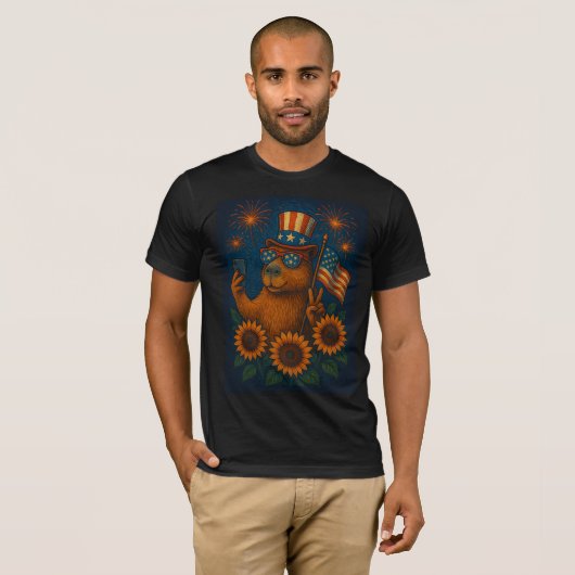 T-shirt Patriotique Capybara 4 juillet Feu d'artifice Funn (Devant entier)