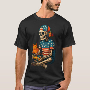 T-shirt Patriotique Gamer Skeleton Jeux Vidéo de jeu Cat B