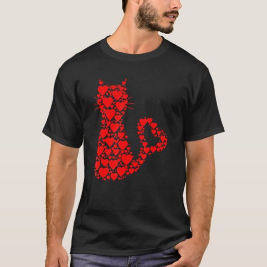 T-shirt Pattern Red Hearts Cat Lovers Valentine's Day (Devant)