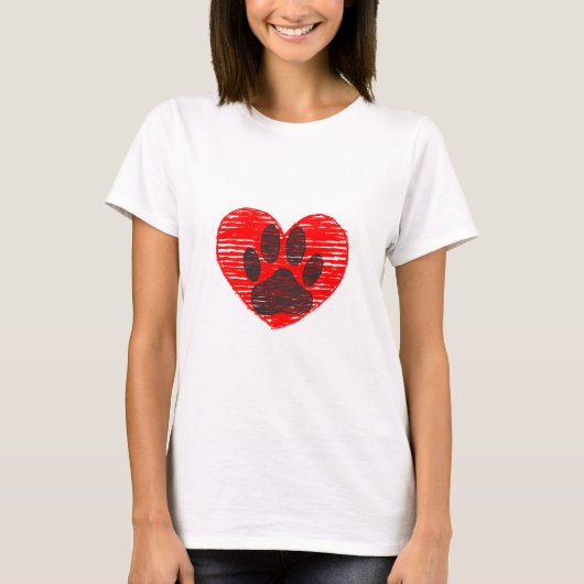 T-shirt Paw Chien Croquis Dans Le Coeur Rouge (Devant)