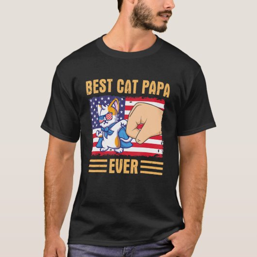 T-shirt Paw Touching Hand US Flag America Best Cat Papa Ev (Devant)
