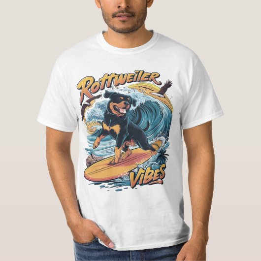 T-shirt Paws and Waves Rottweiler Surfing Adventure (Devant)