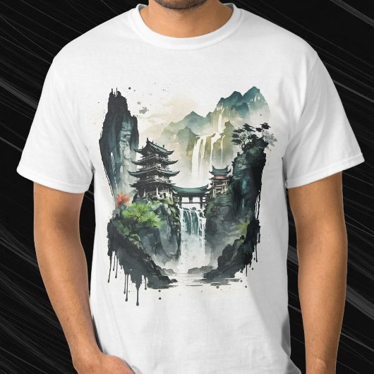 T-shirt Paysage antique de l'encre chinoise avec cascade