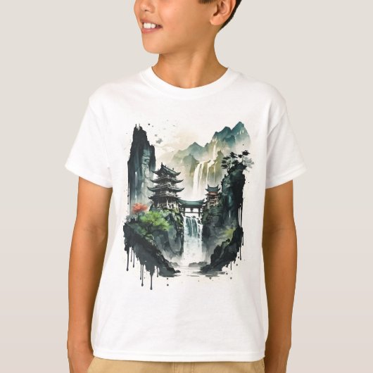 T-shirt Paysage antique de l'encre chinoise avec cascade (Devant)
