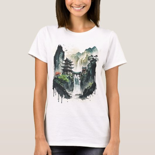 T-shirt Paysage antique de l'encre chinoise avec cascade (Devant)