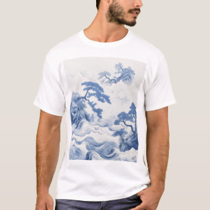 T-shirt Paysage bleu et blanc serein peinture à l'eau T-S