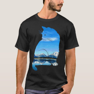 T-shirt Paysage de montagne mignon silhouette de chat Chat