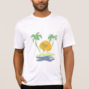 T-shirt Paysage de plage d'île tropicale. Contour palmier