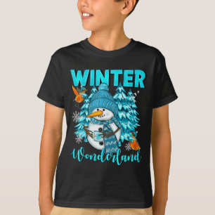 T-shirt Paysage hivernal bonhomme de neige et flocons de n