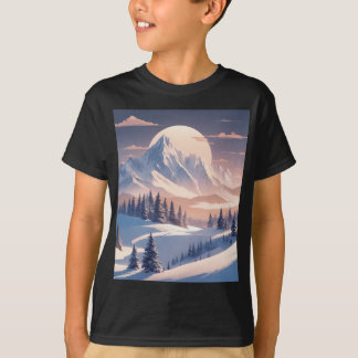 T-shirt Paysage montagneux d'hiver avec sapins et soleil