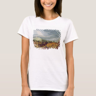 T-shirt Paysage rural avec un pèlerin se mettant à genou
