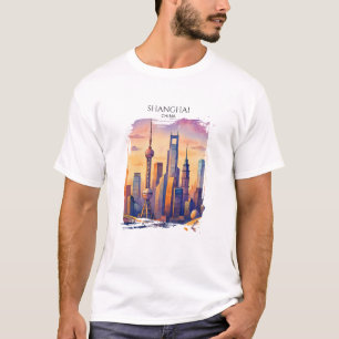 T-shirt Paysage urbain de Shanghai Chine Voyage Aquarelle