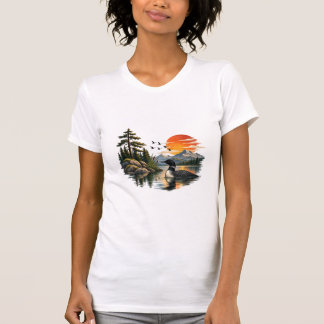 T-shirt Paysage vintage du lac Loon Mountain au coucher du