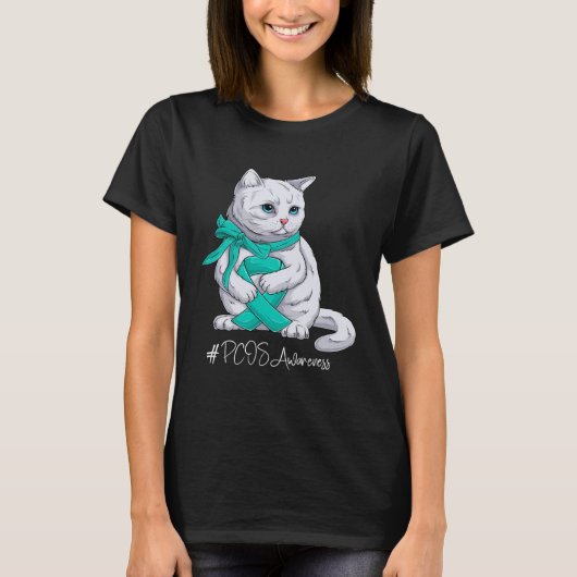 T-shirt PCOS Awareness Month Teal Ribbon Cat (Devant)