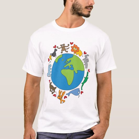 T-shirt Peace And Love Cute Cartoon Animaux du monde (Devant)