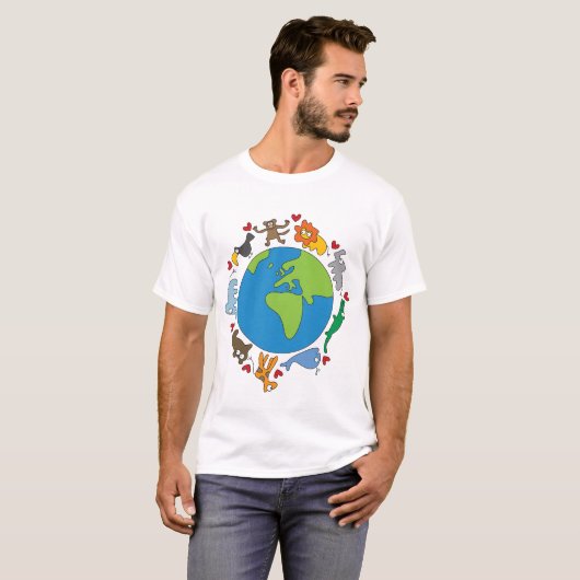 T-shirt Peace And Love Cute Cartoon Animaux du monde (Devant entier)