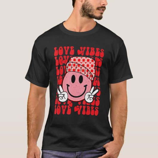 T-shirt Peace Hand Sign Retro Smile Face Love Vibes Valent (Devant)