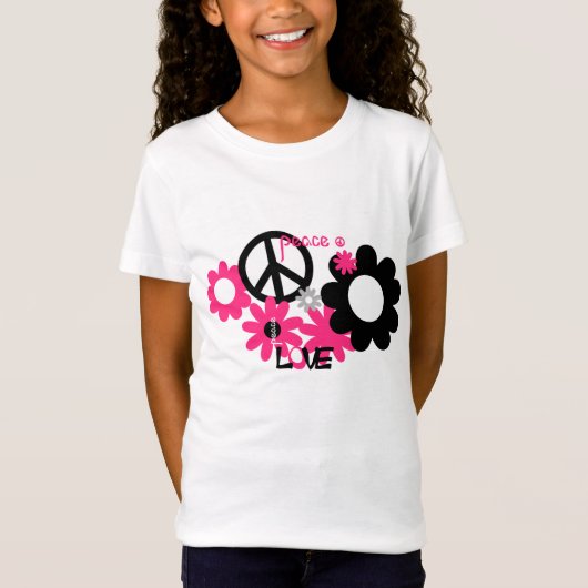 T-Shirt Peace Love and Flowers rose et noir chaud (Devant)