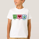 T-shirt Peace Love Anniversaire<br><div class="desc">Un signe de paix,  un coeur,  et un mignon gâteau d'anniversaire avec une bougie dedans. Un joli t-shirt enfant d'anniversaire.</div>
