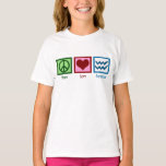 T-shirt Peace Love Aquarius Girl<br><div class="desc">Panneau de paix,  coeur,  et le symbole d'Aquarius sur un t-shirt d'enfant mignon pour une petite fille qui aime les signes astrologiques et ce joli tee astrologique.</div>