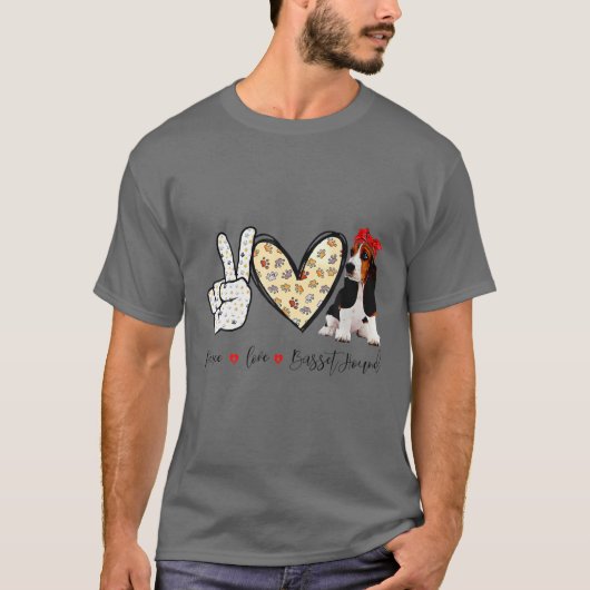 T-shirt Peace Love Basset Hound Funny T (Devant)