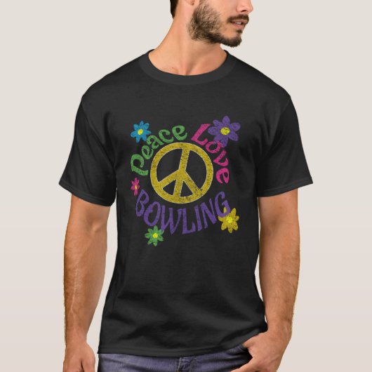 T-shirt Peace Love Bowling  Distressed Flower Power Hippie (Devant)