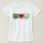 T-shirt Peace Love Canards Cute Duck femmes<br><div class="desc">Un joli t-shirt féminin parfait pour une femme qui aime les canards ou les cadeaux amicaux pour bébé. Un signe de paix vert, un coeur roux, et un canard en caoutchouc jaune mignon.</div>