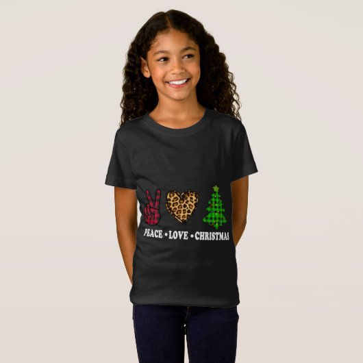 T-Shirt Peace Love Christmas Tree Buffalo Plaid Leopard Fu (Devant entier)